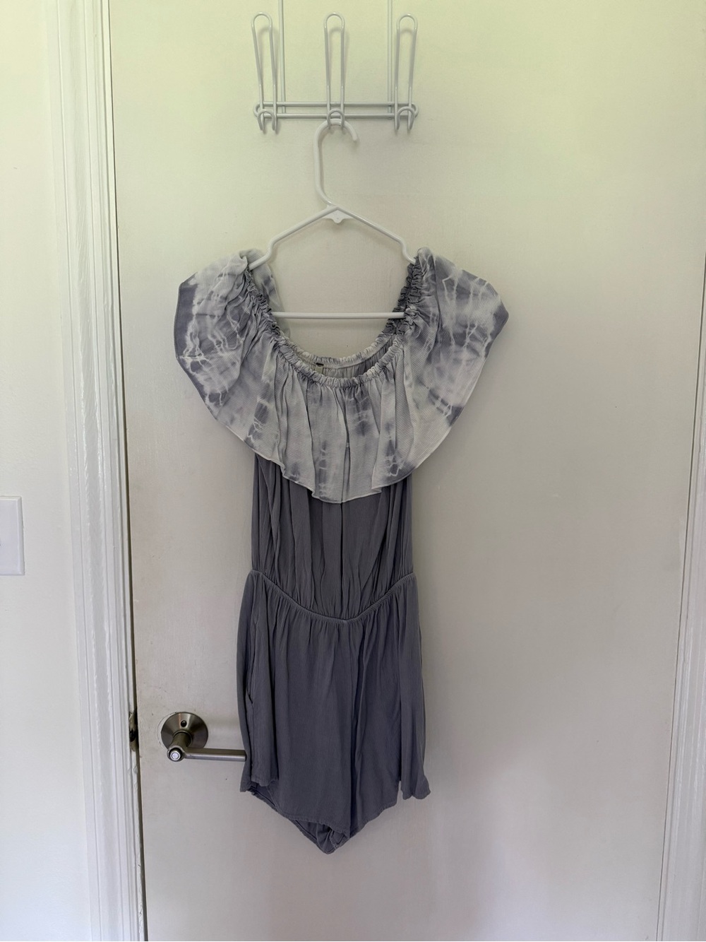 Mono B Gray Off the Shoulder Romper with Tie-Dye Ruffle